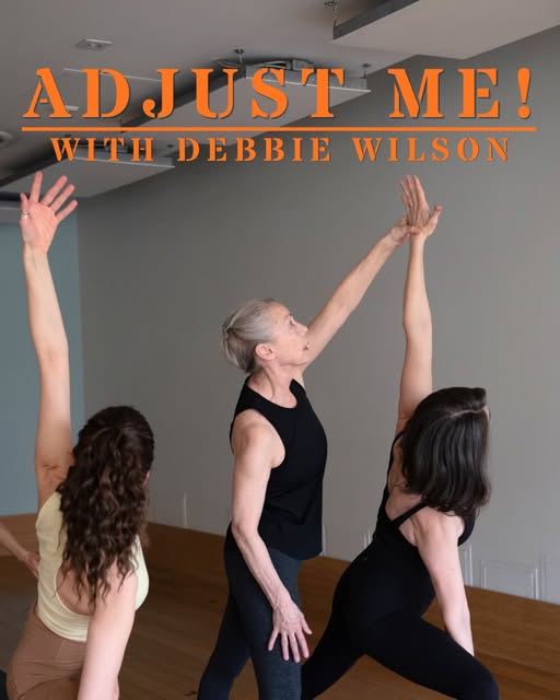 Blue Canoe Yoga’s Adjust Me! graphic featuring Debbie Wilson and two participants.